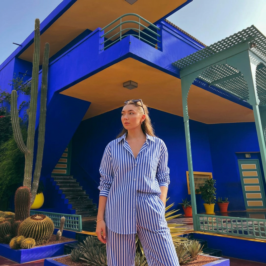 Ensemble Chemise & Pantalon Rayé -Bleu Majorelle