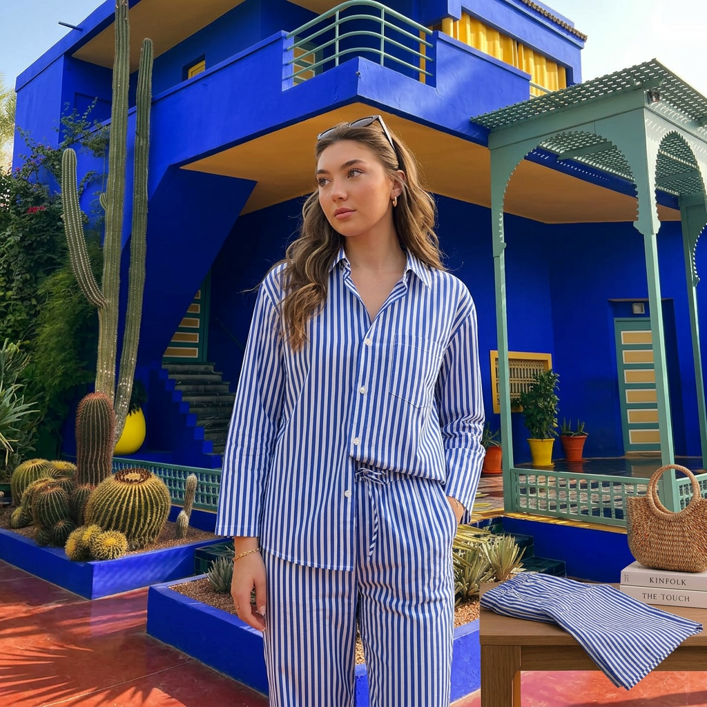 Ensemble Chemise & Pantalon Rayé -Bleu Majorelle
