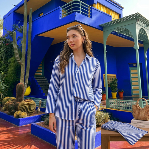 Ensemble Chemise & Pantalon Rayé -Bleu Majorelle