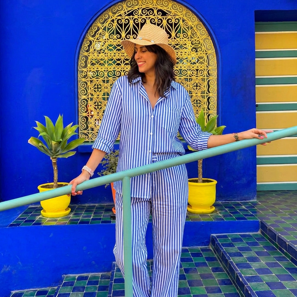 Ensemble Chemise & Pantalon Rayé -Bleu Majorelle